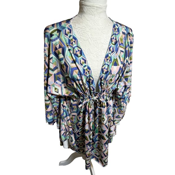 La Blanca Other - La Blanca Kimono Short Swim Cover Up~OS~Blue Geometric Drawstring Waist Tassels